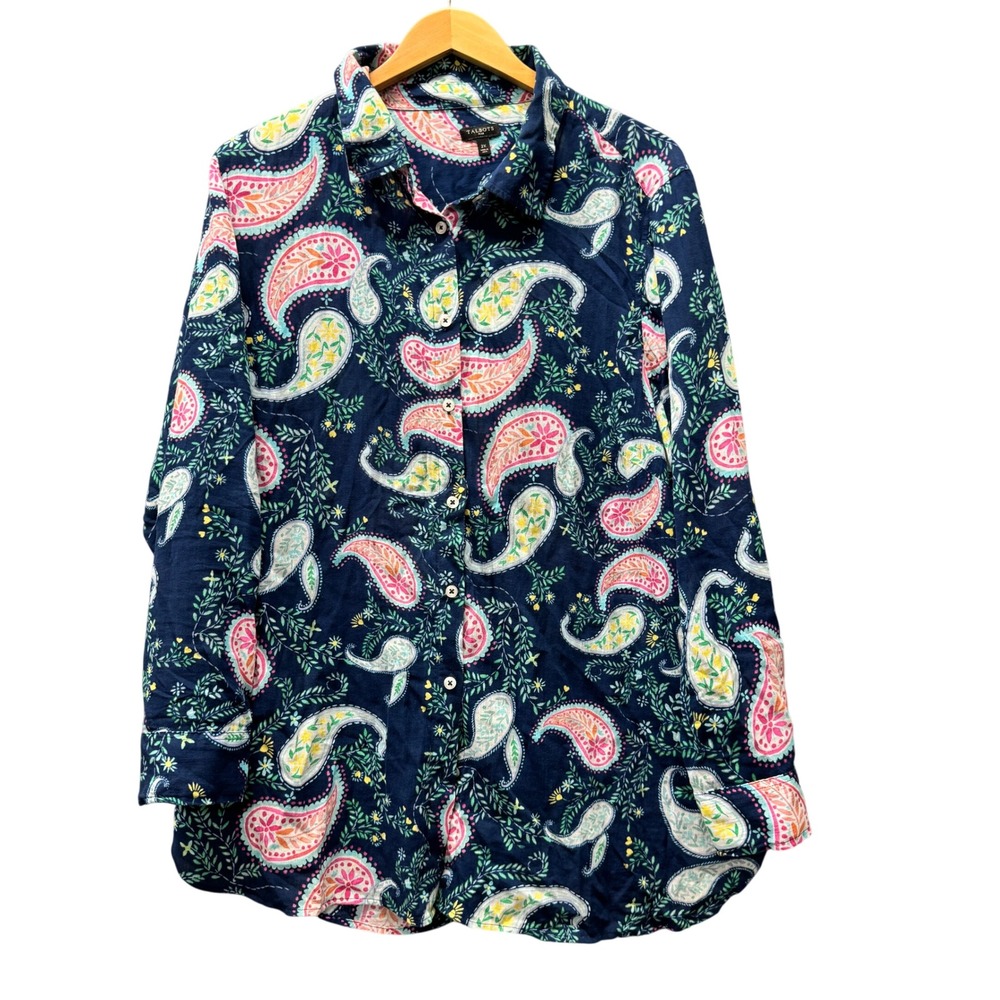 Talbots Blouse Womens 2X Paisley Navy Blue Pink Button Up Coastal Cotton